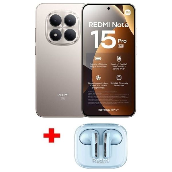  شاومي ريدمي نوت 15 برو 5G - دبل سيم - شاشة أموليد 6.83 انج ، 120 هرتز - ميديا تيك Dimensity 7400-Ultra - بطارية 6580 مللي أمبير بالساعة، 45 واط + سماعة داخل الاذن 