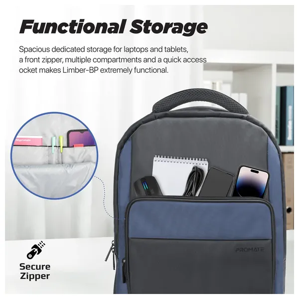  Promate Limber BP - Multi Compartment Laptop Backpack - 15.6 Inch - Black 