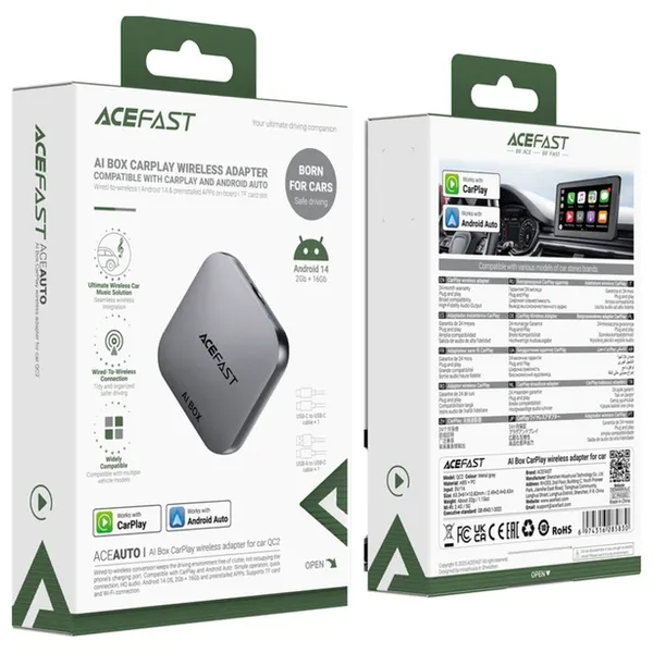  محول لاسلكي للسيارات ايس فاست - 2509WWXVAJC - اندرويد 14 - ذاكرة بحجم 2 كيكابايت/16كيكابايت - اسود 