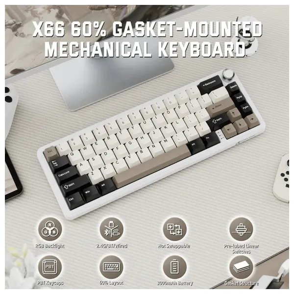  لوحة مفاتيح ميكانيكية لاسلكية اتاك شارك - X66 - بطارية بحجم 3000 مللي امبير - اضاءة RGB - ابيض 
