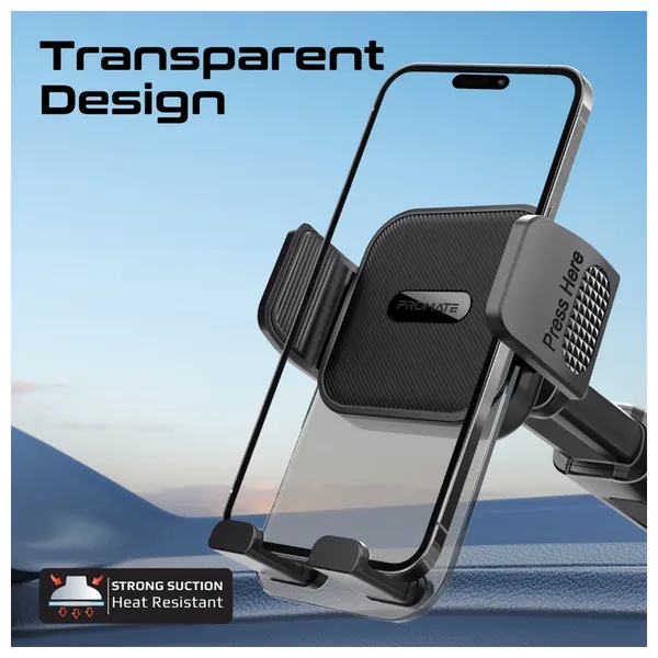 حامل هاتف شفاف متعدد الاستخدامات للسيارة من بروميت - TransHold EXT - تثبيت آمن على الزجاج - اسود
