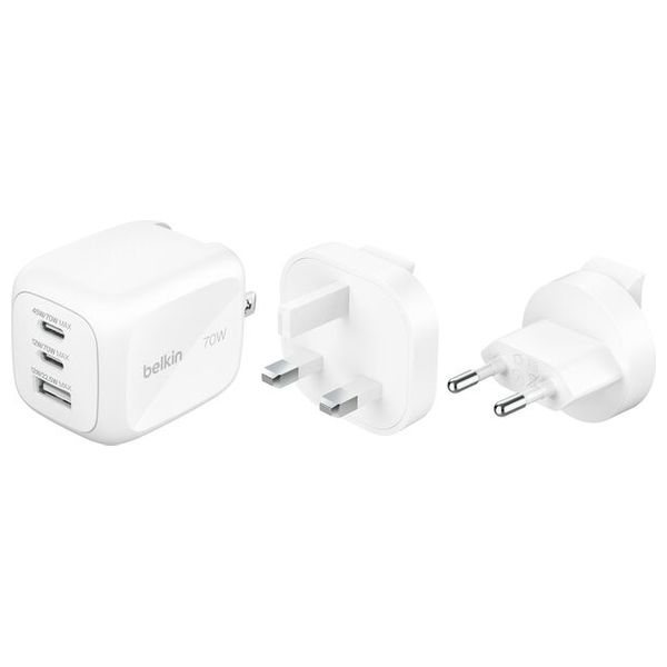 شاحن جداري بلكن - بقدرة 70 واط - 3 منافذ شحن سريع - ابيض