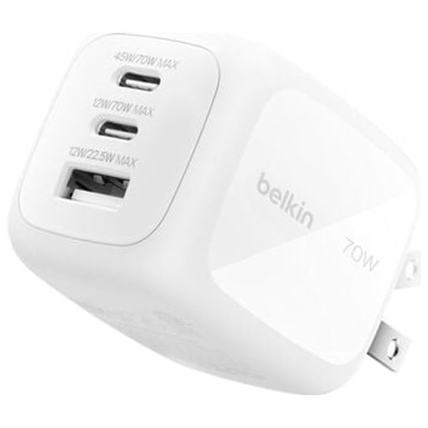 شاحن جداري بلكن - بقدرة 70 واط - 3 منافذ شحن سريع - ابيض