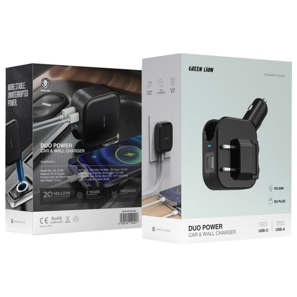 Green Lion Duo Power Car & Wall Charger 20W - Black 