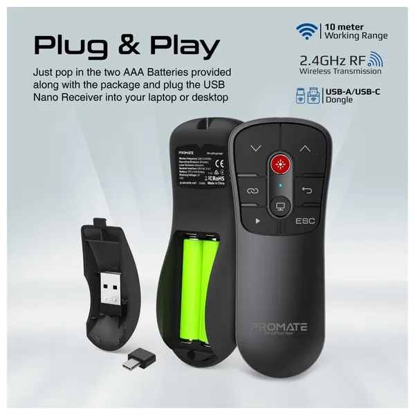 مؤشر عرض لاسلكي ليزر مع مستقبل منبروميت - اسود