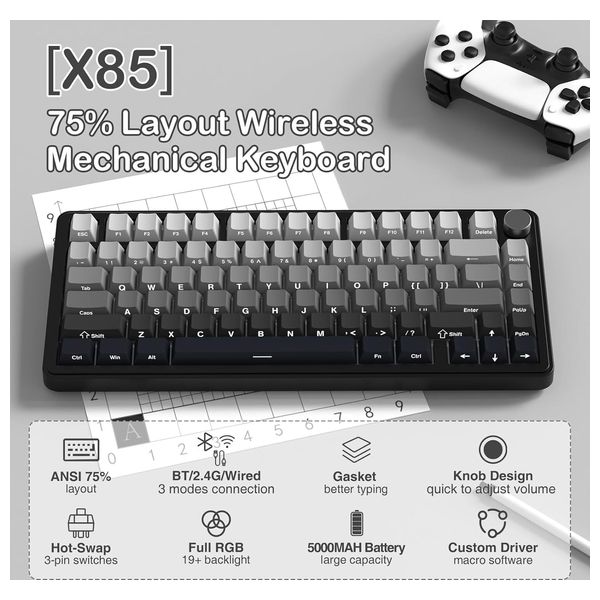  لوحة مفاتيح ميكانيكية لاسلكية اتاك شارك - X85 - بطارية بحجم 5000 مللي امبير - اضاءة RGB - ابيض 