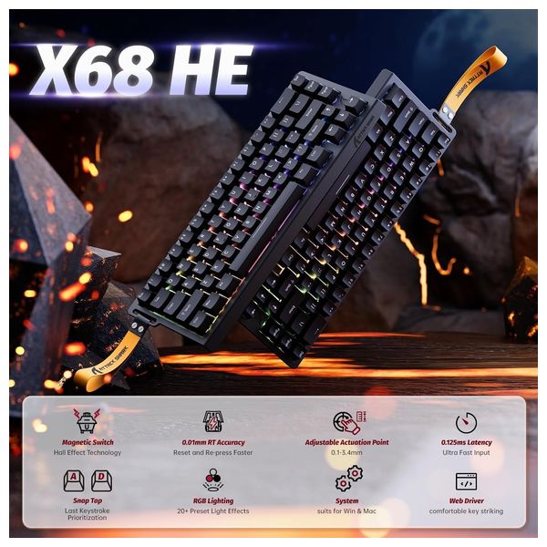  ATTACK SHARK X68 HE - Wired Keyboard - 0.125ms - USB-C - Black 