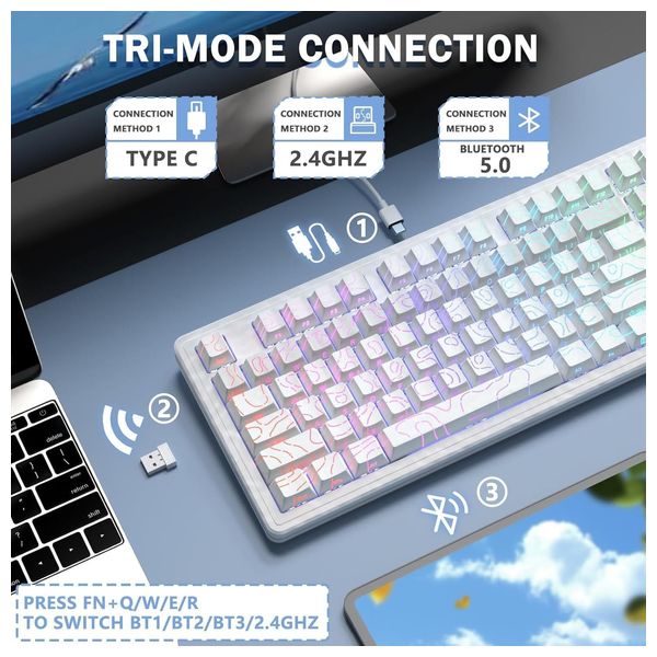  لوحة مفاتيح ميكانيكية لاسلكية اتاك شارك - M87 Pro V2 - بلوتوث 5 - اضاءة RGB - بطارية بحجم 5000 مللي امبير - ابيض 