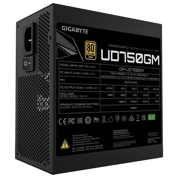  مزود طاقة جيجابايت UD750GM بقدرة 750 واط - 80 بلس ذهبي، وحدات كابلات قابلة للفصل - اسود 