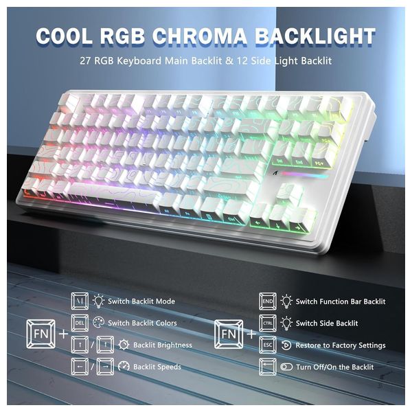  لوحة مفاتيح ميكانيكية لاسلكية اتاك شارك - M87 Pro V2 - بلوتوث 5 - اضاءة RGB - بطارية بحجم 5000 مللي امبير - ابيض 