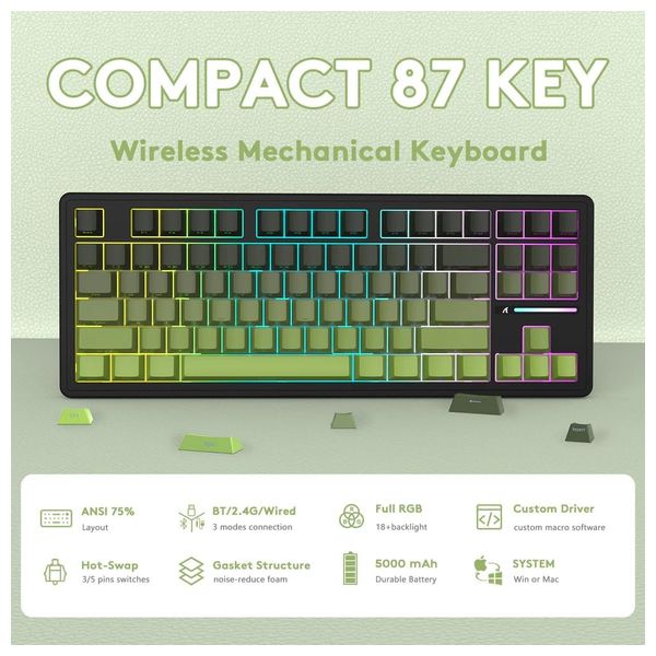  لوحة مفاتيح ميكانيكية لاسلكية اتاك شارك - M87 Pro V2 - بلوتوث 5 - بطارية بحجم 5000 مللي امبير - اخضر 
