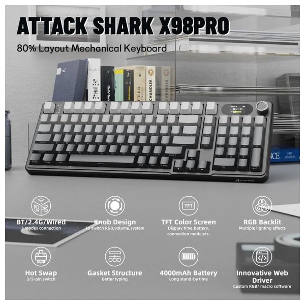  ATTACK SHARK X98 Pro - Wireless Keyboard - 4000mAh - Bluetooth 5 - Black 