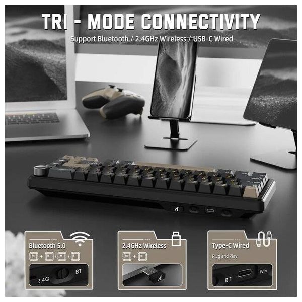  لوحة مفاتيح ميكانيكية لاسلكية اتاك شارك - X66 - بطارية بحجم 3000 مللي امبير - اضاءة RGB - اسود 
