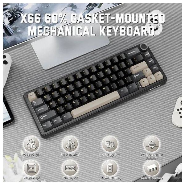  لوحة مفاتيح ميكانيكية لاسلكية اتاك شارك - X66 - بطارية بحجم 3000 مللي امبير - اضاءة RGB - اسود 