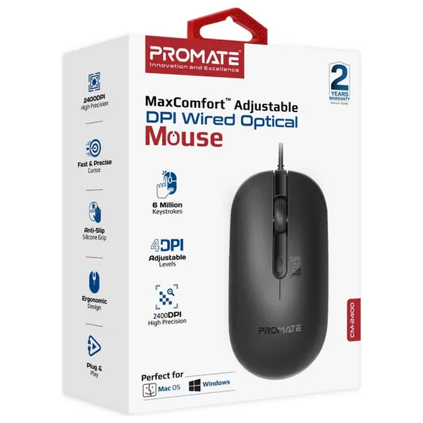 Promate CM 2400 - Wired Mouse - USB - 1.5 m -Black