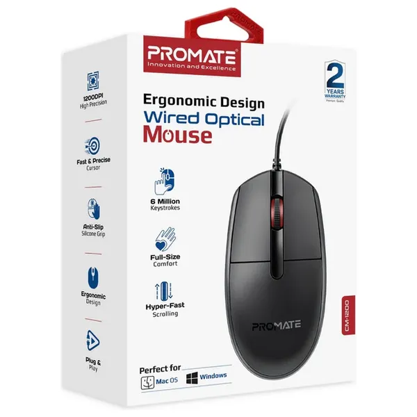 Promate CM 1200 - Wired Mouse - USB - 1.5 m - Black