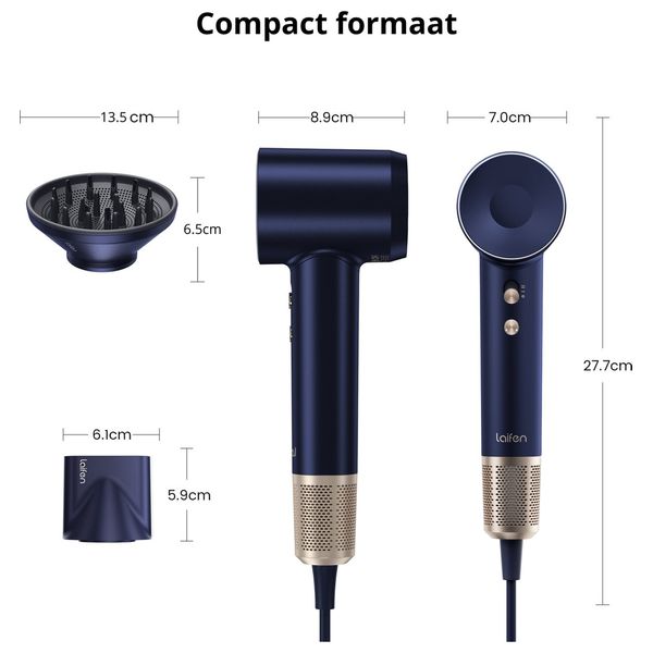 Laifen Swift Premium Hair Dryer - powerful performance with ionic technology for fast drying - 1400W - Golden Blue + Hair Brush