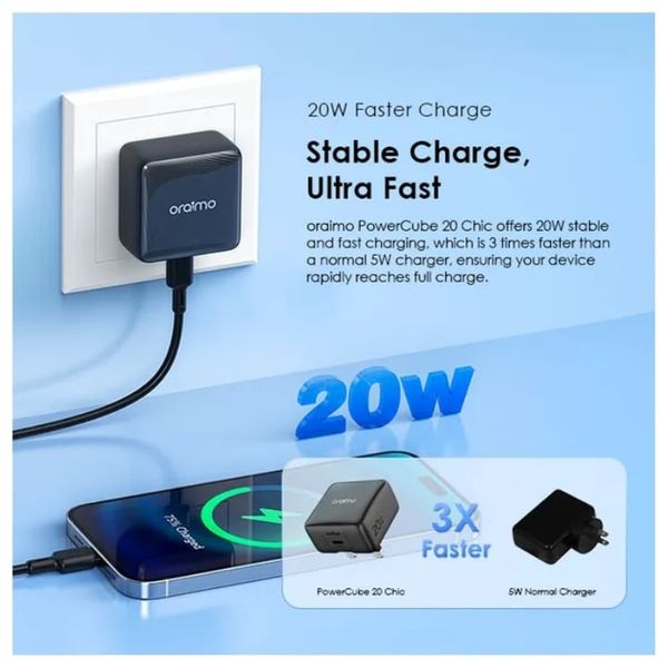  Oraimo Wall Charger - 20W Power - USB-C to USB-C Cable - Black 