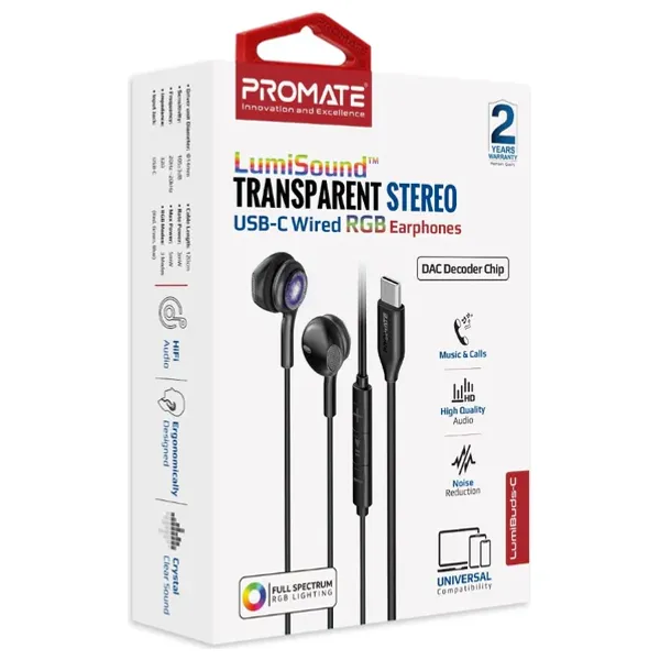 Promate LumiBuds C - Wired Headphone In Ear - USB-C - 1.2m - Black