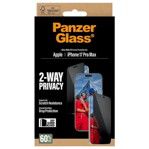  PanzerGlass Privacy Screen Protector for iPhone 17 Pro Max Ultra Wide Fit - Transparent 