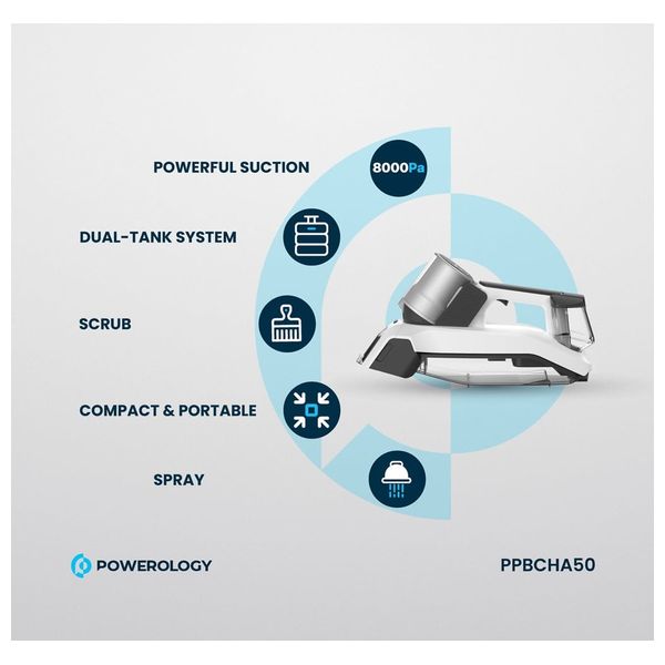  Powerology PPBCHA50 - Cordless Spot Cleaner - 2000 mAh - 60W -  White 