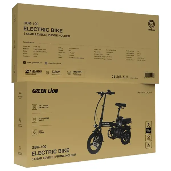 دراجة كهربائية جرين ليون - GBK 100 - بقوة 350 واط - فرامل قرصية امامية وخلفية - اسود