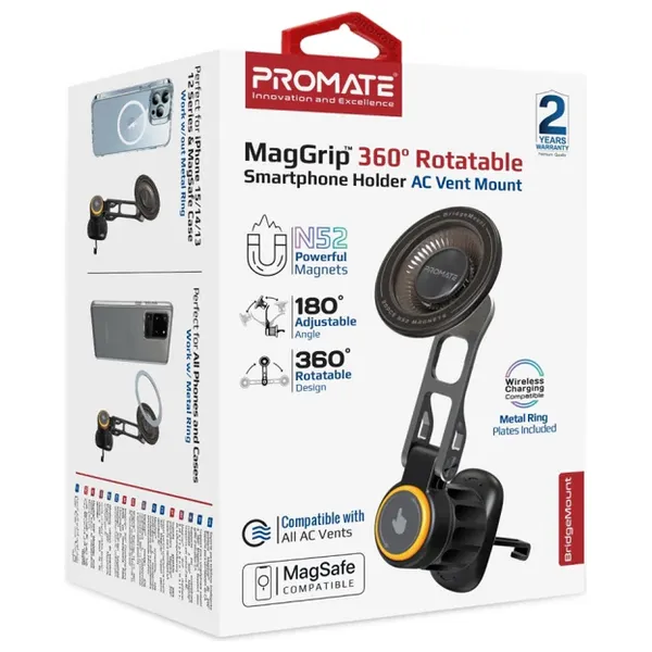 حامل هاتف مغناطيسي للسيارة من بروميت - BridgeMount - تثبيت آمن على فتحات التهوية - دوران 360 درجة - اسود
