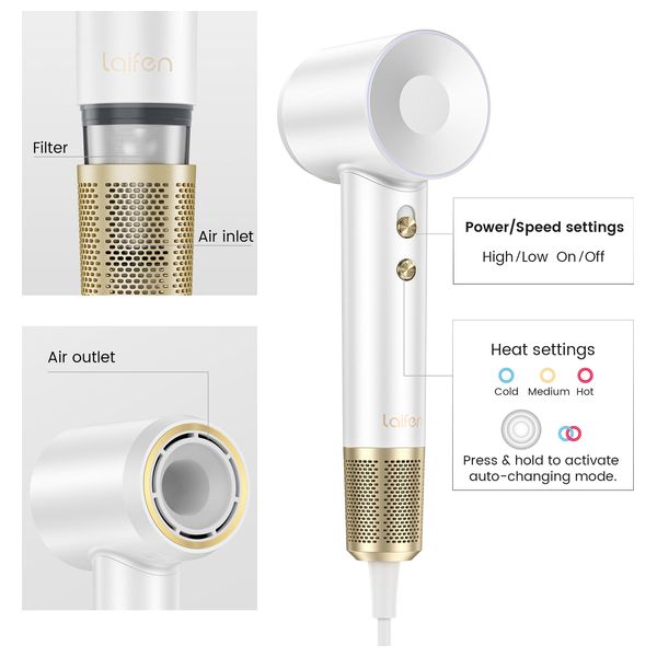 Laifen Swift Premium Hair Dryer - powerful performance with ionic technology for fast drying - 1400W - Golden White + Hair Brush