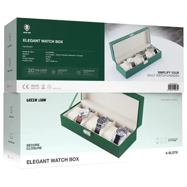 Green Lion Elegant Watch Box - 6 Slots - Green