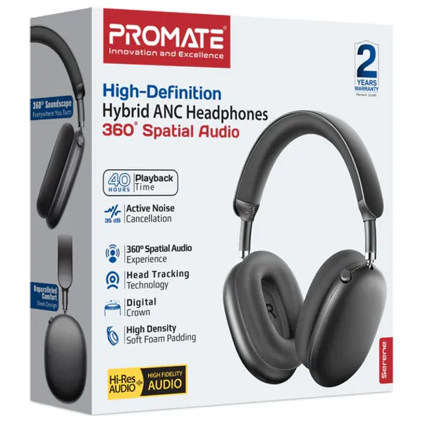  Promate Serene - Bluetooth Headphone Over Ear - Bluetooth 5.4 - Up To 400 mAh X2 - Black 