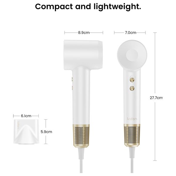 Laifen Swift Premium Hair Dryer - powerful performance with ionic technology for fast drying - 1400W - Golden White + Hair Brush