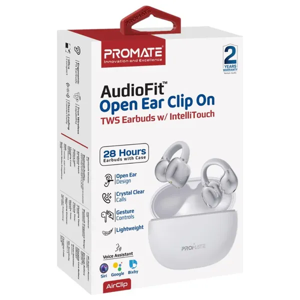  Promate AirClip - Bluetooth Headphone In Ear - Up To 6 Hours - Bluetooth 5.4 - White 