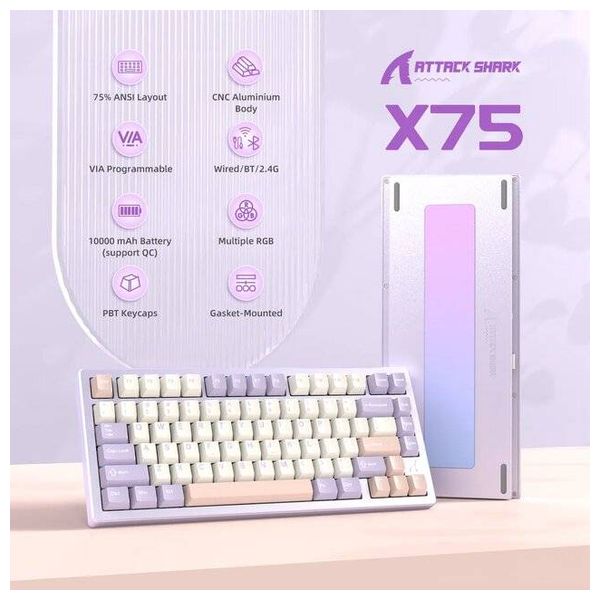  لوحة مفاتيح ميكانيكية لاسلكية اتاك شارك - X75 - بطارية بحجم 10000 مللي امبير - اضاءة RGB - بنفسجي 