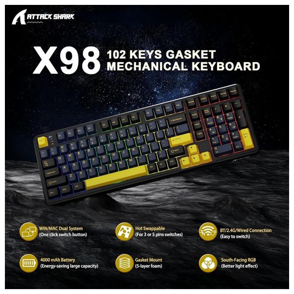  Attack Shark  X98 - Wireless Keyboard - RGB Lighting - 4000mAh - Black 
