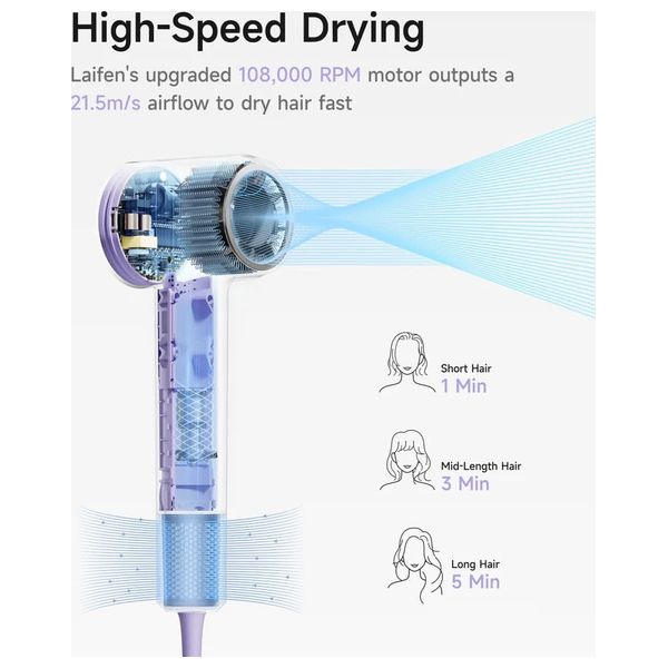 Laifen SE2 - High-Speed Hair Dryer - 1400W - Smart Temperature Control - Purple + Hair Brush