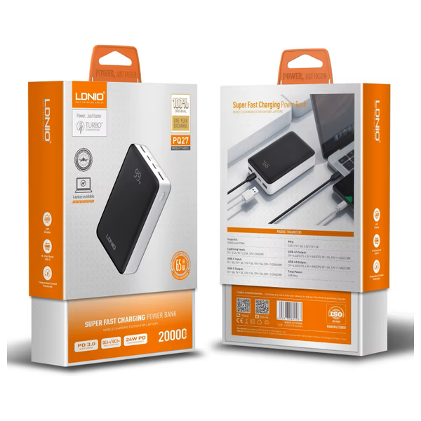  LDNIO - Mini Power Bank - 20000mAh - 65W Fast Charging - Black 