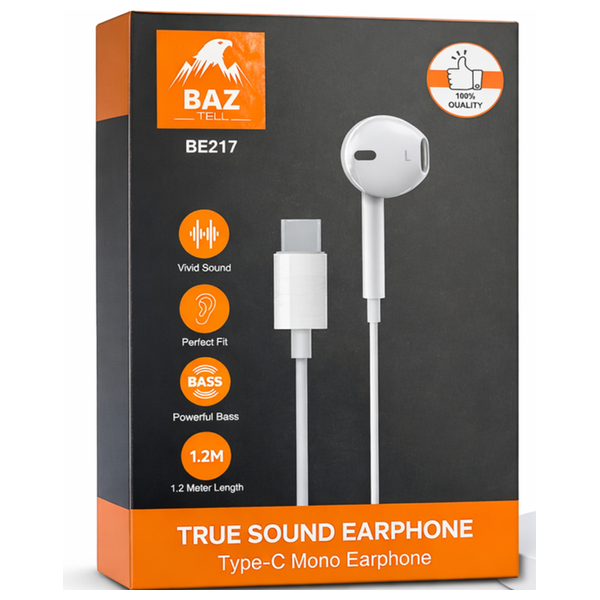  BAZ BE217 - Single In Ear Wired Earphone - USB-C - 1.2m - White 