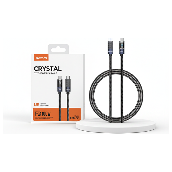  كابل ريسي - RS16CC - تايب-سي إلى تايب-سي - بقدرة 100 واط - طول 1.2 متر - أسود 