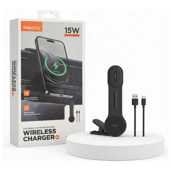  Recci - Magnetic Wireless Charging & Car Holder - 15W - Adjustable & Fast Charging - Black 