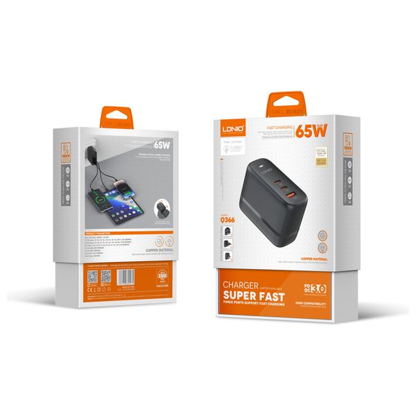  شاحن جداري لدنيو - 65 واط GaN - شحن فائق السرعة - اسود 