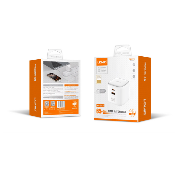  شاحن جداري لدنيو - بقدرة 65 واط - شحن سريع - ابيض 
