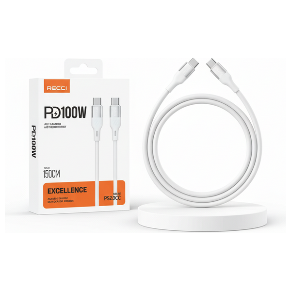  كابل ريسي  - RS22CC PD - تايب-سي إلى تايب-سي - بقدرة 100 واط - طول 1.5 متر - أبيض 