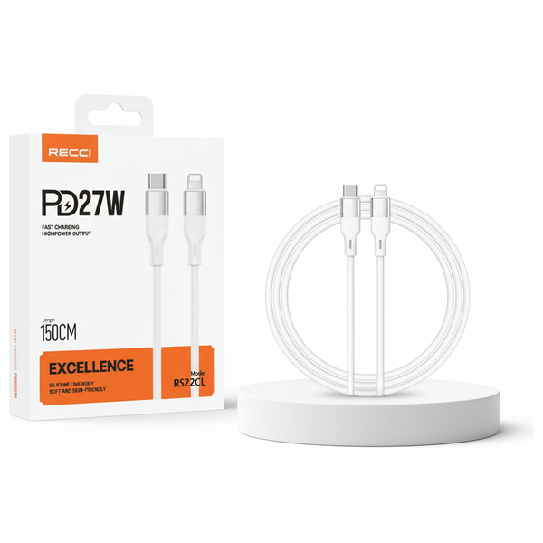  كابل  ريسي - RS22CL - تايب-سي إلى لايتنينغ - طول 1.5 متر - بقدرة 27 واط - أبيض 