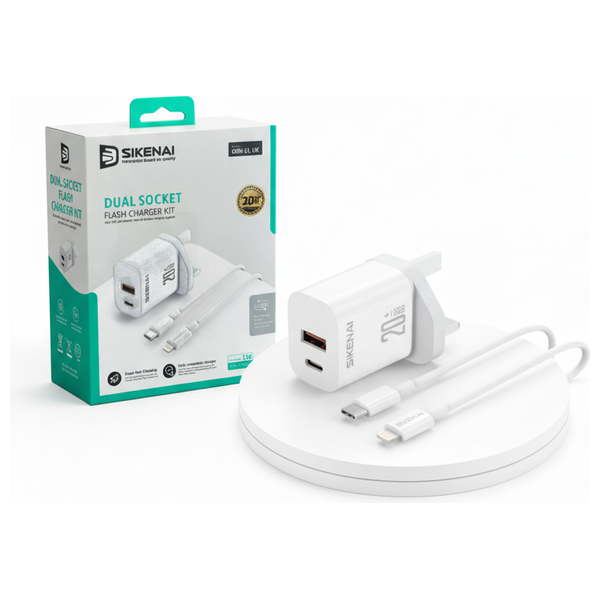  SIKENAI - Wall Charger - 20W - Dual Port & lightning Cable - White 