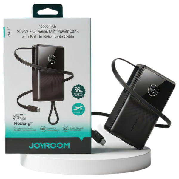 Joyroom - Power Bank - 10000 mAh - Fast Charging 22.5W - Built-in Retractable Cable - Black