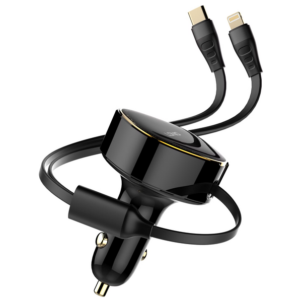  شاحن سيارة لدنيو - شاحن سريع عالي الطاقة بقوة 30 واط - مع كيبل قابل للسحب - أسود 