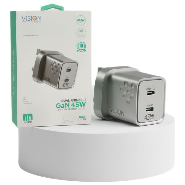  VISION Power Adapter Dual Port USB-C – Wall Charger – Silver 