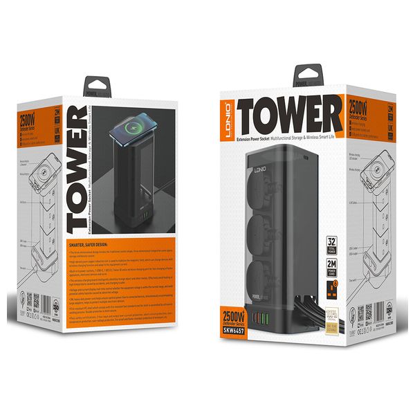  Ldnio - 6 AC Tower Extension Power Socket - with USB & Wireless Charging - Black 