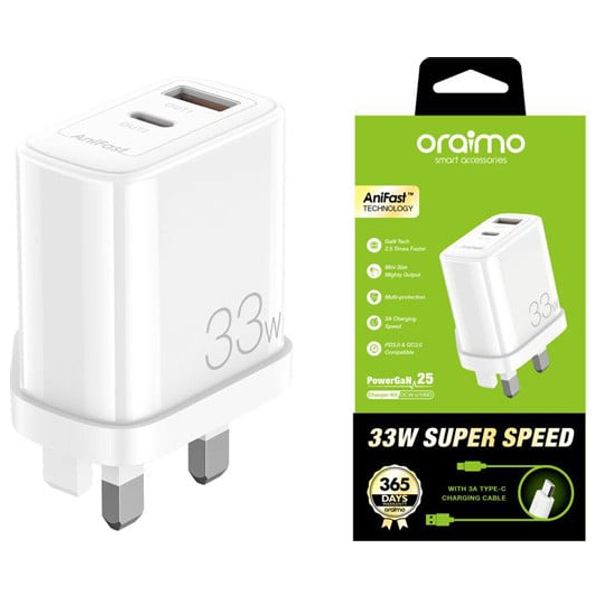 شاحن جداري Oraimo - بقوة 33W - كيبل يو اس بي سي - 1 متر - ابيض