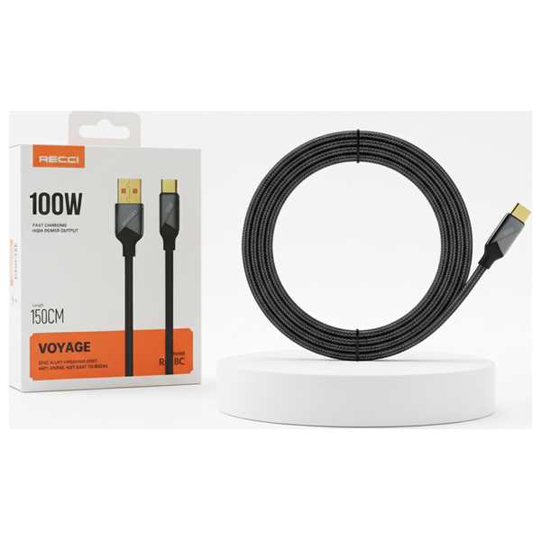  كابل ريسي - USB-A إلى USB-C - أسود بقدرة 100 واط - 1.5 متر - RS18C 